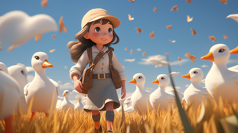 儿童和鹅清新3D立体夏天卡通人物数字艺术,插画/手绘图,插画/手绘图库,插画/手绘图下载,插画/手绘